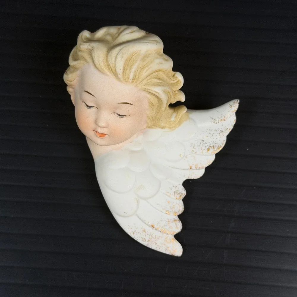 Vtg Lefton Wall Bisque Porcelain White Angel Cherub Set Gold Accent KW2342